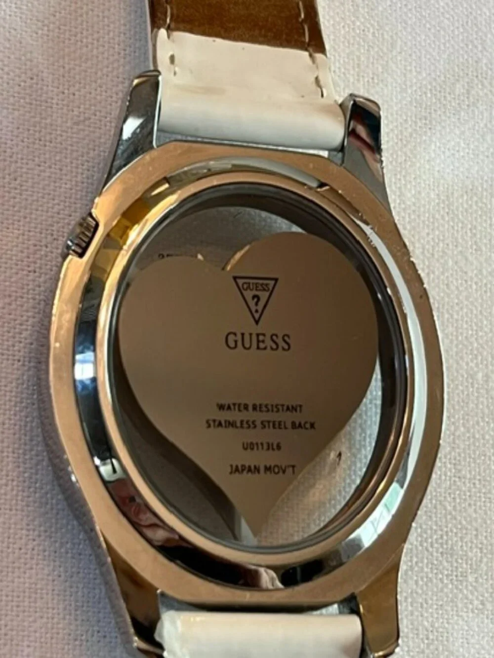 GUESS | Clearly Heart Silver-tone White Patent Leather Band-NEW Battery